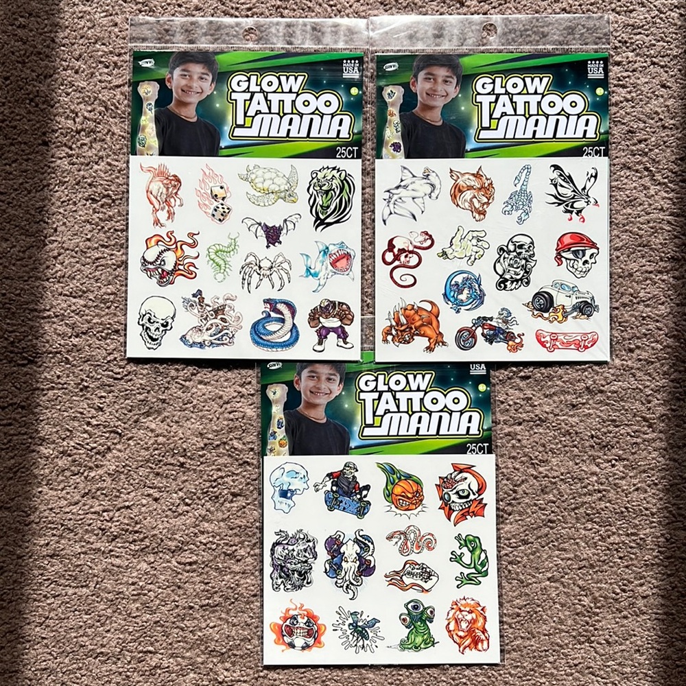 NEW LOT 75 Savvi Glow Tattoo Mania Skull Crossbone Tiger Shark Snake Pirate Lion